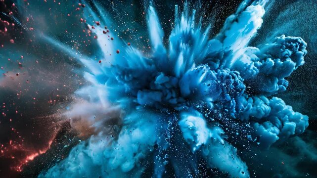 A dramatic explosion of blue smoke and water in the air, Use contrasting colors to highlight the dramatic impact of a blue explosion against a dark background