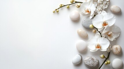 White Orchid Flowers and Smooth Stones on White Background