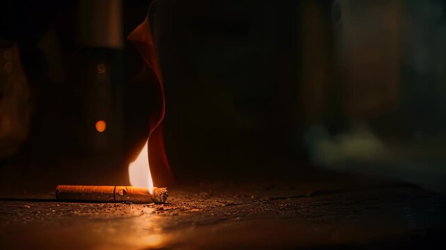 A lit matchstick resting on a dark black surface, emitting a faint glow, The ember of the cigarette glowing faintly against the darkness