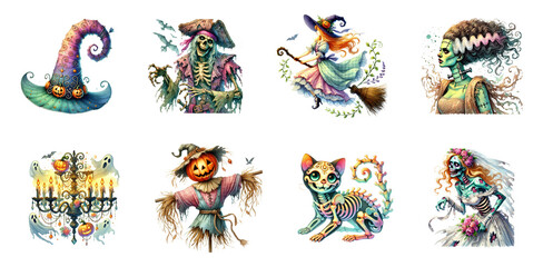 Watercolor spooky Halloween character set isolated on transparent background