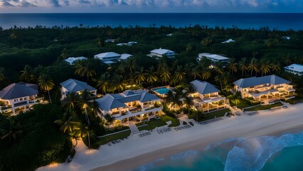 aerial view of real estate beach resort at the Caribbean coast at night
