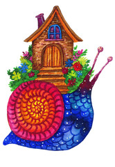 Watercolor cute snail with a rustic house and garden instead of a shell