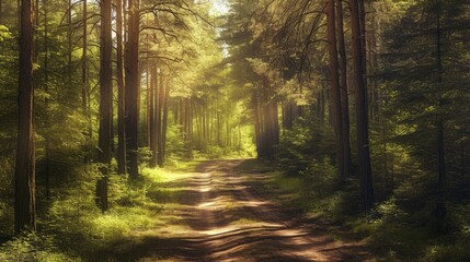 Fototapeta premium Sunlit Forest Path with Tall Trees and Lush Greenery in a Serene Natural Setting