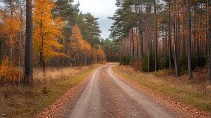 Obraz premium Serene Autumn Forest Path with Vibrant Foliage and Tall Trees Under a Cloudy Sky