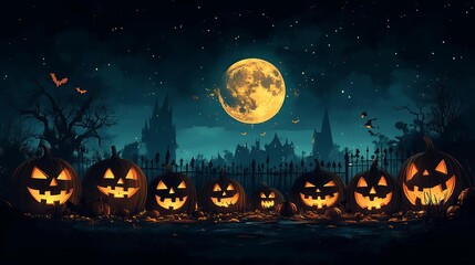 A Halloween night sky with a full moon, and a series of carved pumpkins lining a fence, their faces glowing brightly against the dark backdrop