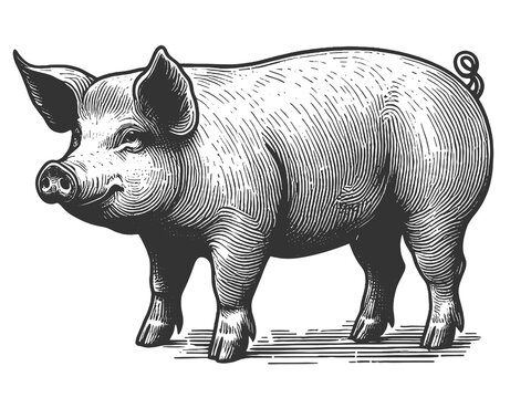 recommend clip art: piglet in a vintage engraving style, with detailed shading and textures sketch engraving generative ai fictional character raster illustration. Scratch board imitation. Black and white image.