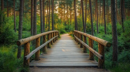 Fototapeta premium Serene Wooden Bridge in a Sunlit Forest with Lush Greenery and Tall Pine Trees at Sunset