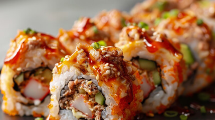 Experience a modern interpretation of sushi with Fusion rolls combining Japanese tradition and Western flair