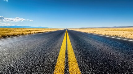 Fototapeta premium An empty road stretching into the distance, with yellow lines running down its center and a blue sky overhead. 