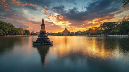 Obraz premium Stunning Sunset Over Ancient Temple Reflected in Tranquil Lake with Dramatic Sky