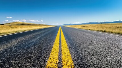 Fototapeta premium An empty road stretching into the distance, with yellow lines running down its center and a blue sky overhead. 