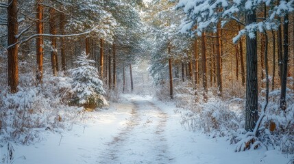 Serene Snow-Covered Forest Pathway Surrounded by Tall Pine Trees in Winter Wonderland