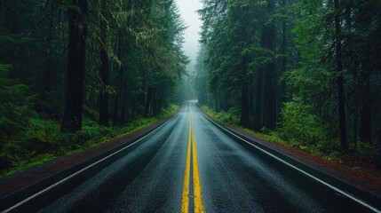 Obraz premium Misty Forest Road with Yellow Lines on Wet Asphalt Surrounded by Lush Green Trees on a Foggy Day