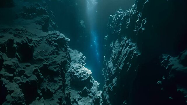 Nighttime in a city with numerous glowing icons representing connectivity and technology, The mysterious depths of a dark, abyssal ocean trench