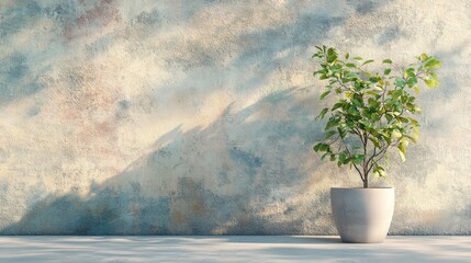 A potted plant against a textured blue and yellow wall