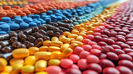 Fototapeta premium Colorful pills and capsules on colorful background, close-up.