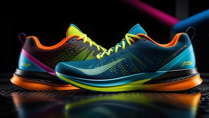Sneakers with neon lights on black background. 3D rendering