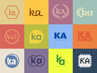 KA logo company template. Letter k and a logotype. Set different classic serif lettering and modern bold text with design elements. Initial font typography.
