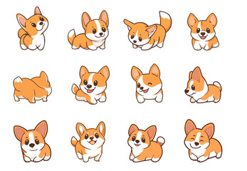 Cute corgi dog characters set. Front, side and back view. Cartoon kawaii style with outline. Pet animal popular breed. Funny puppies. Isolated vector clipart collection
