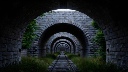 Obraz premium The entrance of an old train tunnel with dark, enigmatic within and stone arches