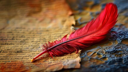 Close-up of a red feather resting on an ancient manuscript, highlighting historical writing and elegant quill detail..
