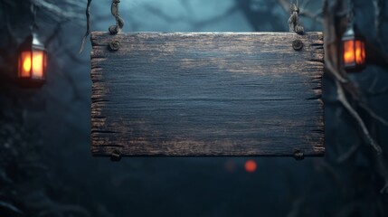 Eerie Wooden Sign in Minimalist Setting, ghostly blank wooden sign evokes a spooky holiday atmosphere, surrounded by a clean and simple backdrop, ample free space enhances its haunting presence
