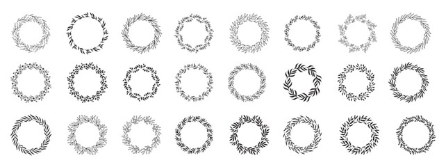 hand drawn spring wreaths floral elements isolated white background set silhouette circle leaves