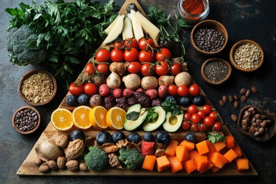 Food pyramid showing healthy eating habits with fresh fruits and vegetables