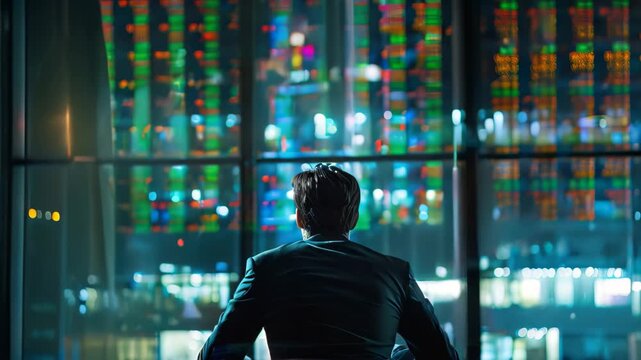A man is seated at a desk, focusing on a computer screen while working, Tracking market data and news to stay ahead of market changes