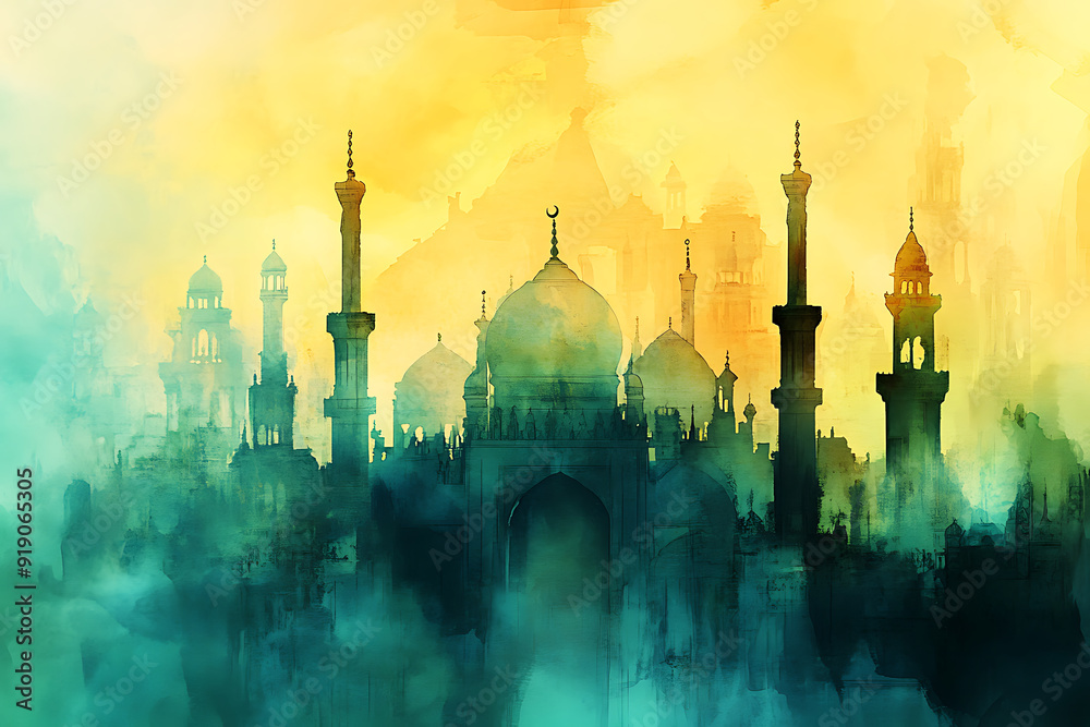 Wall mural islam inspired concept art. muslim religious arabic painting. mosque landscape, colorful geometric s