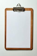A wooden clipboard holding a blank sheet of paper.
