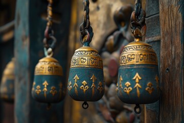 Three bells hanging in temple showing buddhist symbols
