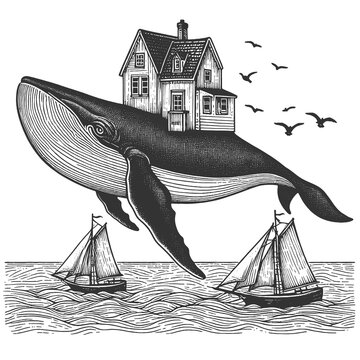 recommend clip art: surreal whale carrying a house on its back, flying above sailboats in the sea sketch engraving generative ai raster illustration. Scratch board imitation. Black and white image.