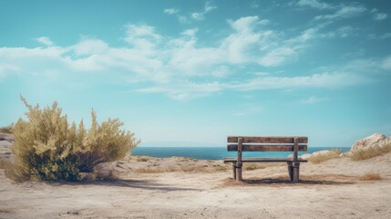 Obraz premium Rustic wooden bench on dry sandy terrain in mountain view. Neural network ai generated art