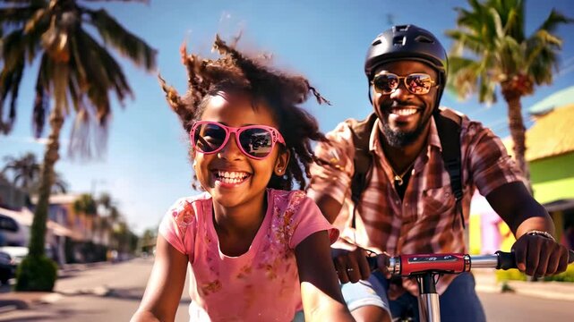 African American Dad and daughter ride bikes, and Joint family leisure