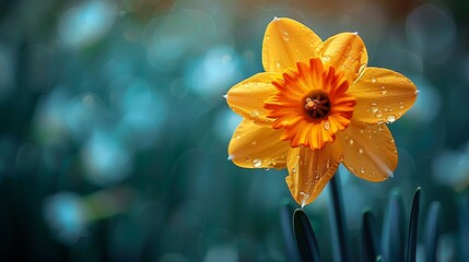 A single daffodil in full bloom, vibrant yellow petals with an orange center, close-up view, soft green background with bokeh effect, delicate and intricate details, anime style, hd quality, © LuvTK