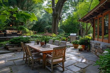 Serene Outdoor Dining Area Surrounded by Lush Greenery