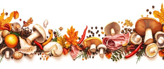 Fototapeta premium Colorful illustrations featuring a variety of mushrooms, chili peppers, and ham, the essence of culinary delights and spice, ideal for food-related themes and creative projects.