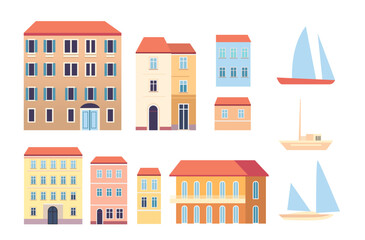 Mediterranean buildings sailboats travel concept colorful houses yachts sea tourism