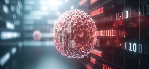 Abstract 3D rendering of a pink sphere with a binary code background. Concept for technology, data, science, and innovation.