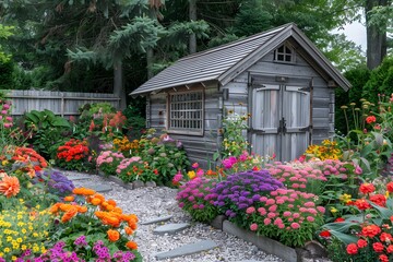 Charming Garden Shed Surrounded by Vibrant Flower Beds