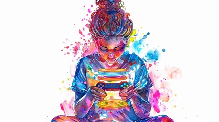 Fototapeta premium Gamer girl with a stack of video game discs,Clipart, watercolor illustration, Perfect for nursery art The style is hand drawn, white background