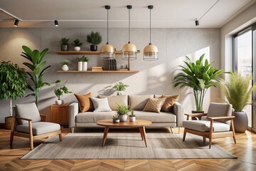 A contemporary living-room with empty wall for mockups, modern interior elements, neutral tones, and plants in modern pots