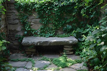 Tranquil Garden Nook with Stone Bench Surrounded by Lush Greenery