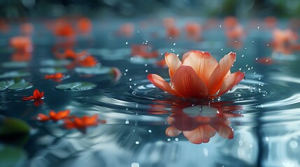 A tulip floating on water, gentle ripples, reflections of petals and sky, serene and peaceful, anime style, hd quality, soft colors and lighting. --ar 16:9 --v 6.0