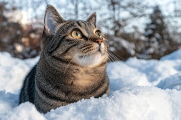 A tabby cat sits in the snow, looking up. Perfect for winter, pet, and animal themed projects.