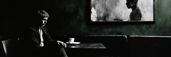 Solitary man in dark cafe with contemplative pose. Atmospheric scene for noir fiction, psychological thrillers, or moody advertising. High contrast lighting emphasizes isolation and introspection