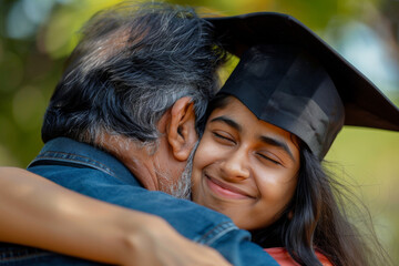 Happy young Indian female student hugging her proud father on her graduation day