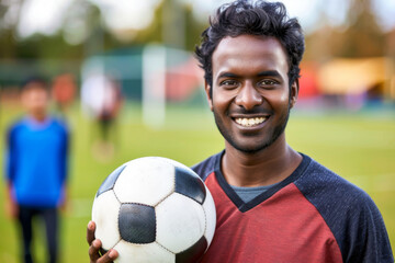 A young smiling energetic football player of Indian ethnicity holds a ball in hand