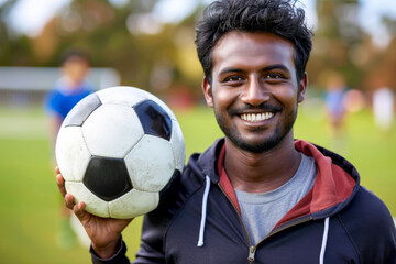 Naklejka premium A young smiling energetic football player of Indian ethnicity holds a ball in hand